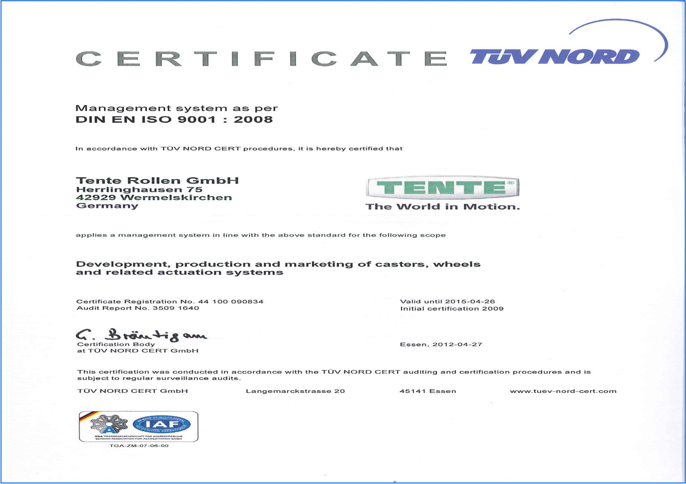 Certifikát TUV na náhradní díly